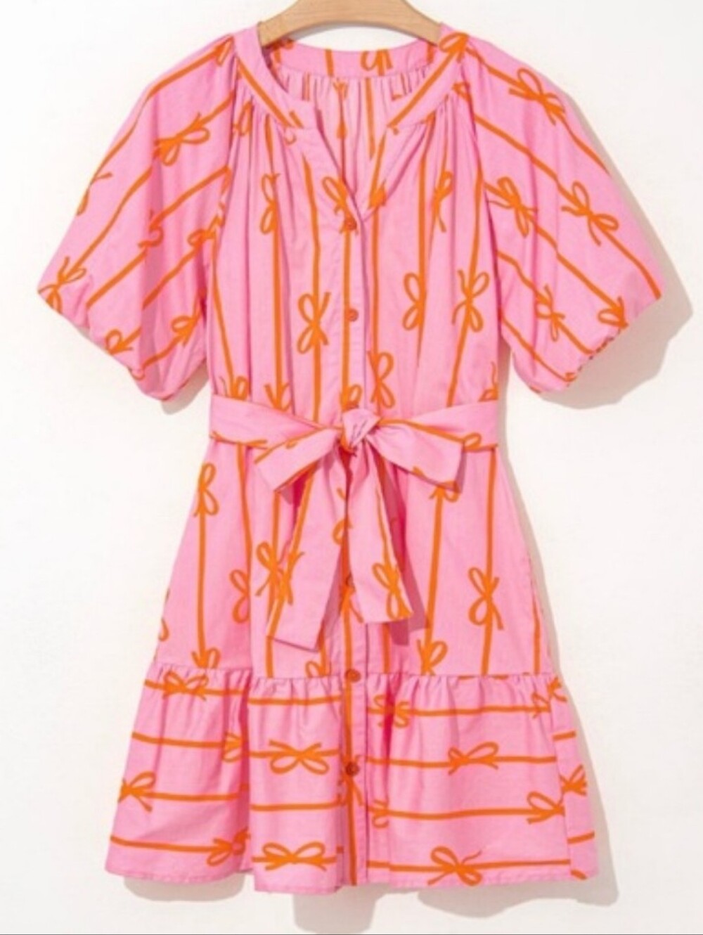 Nwt Haven Grace Pink And Orange Bow Print Belted Puff Sleeve Cotton Dress